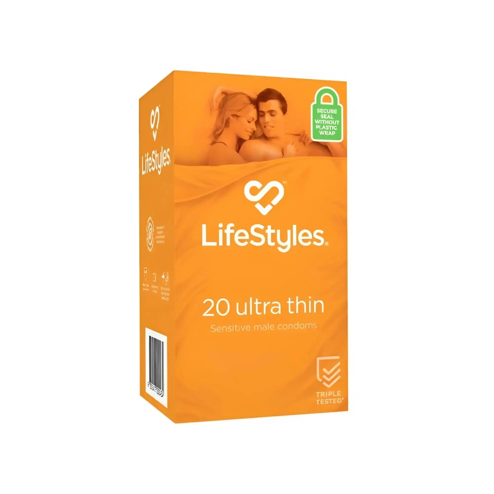 Orange cardboard box of LifeStyles ultra thin sensitive male condoms with 20 latex condoms for safe use