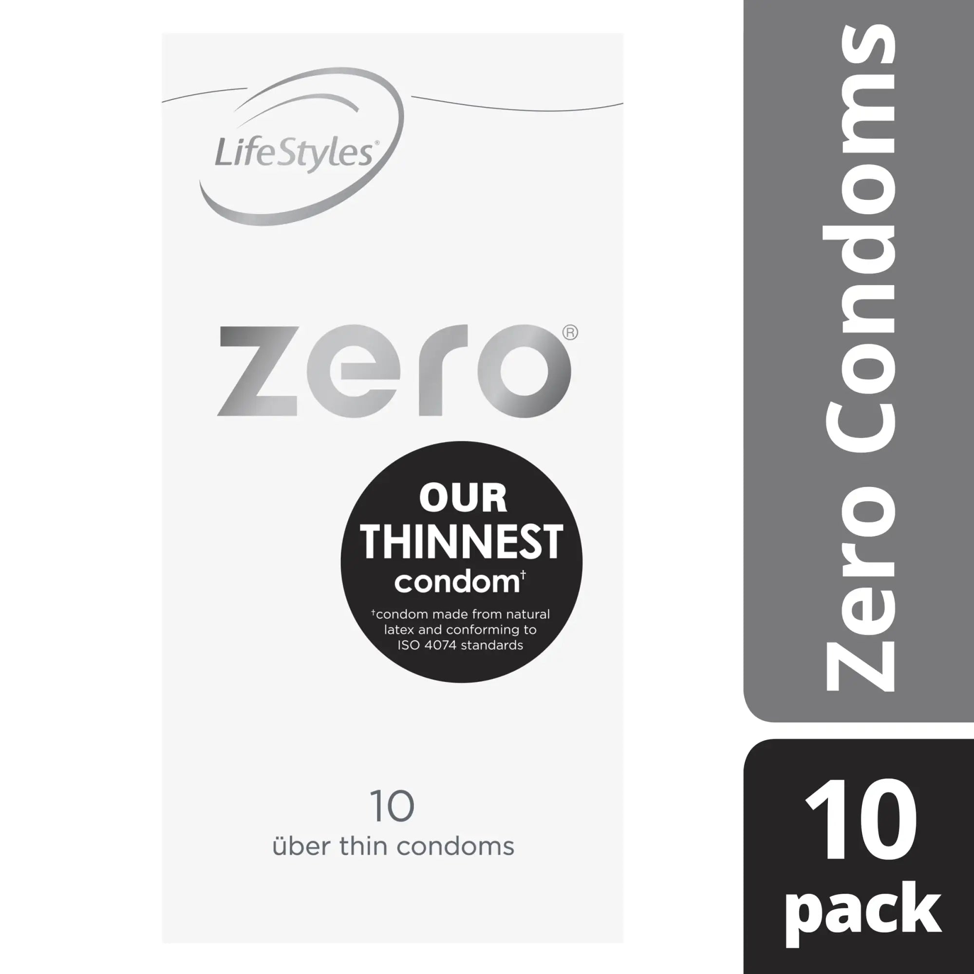Lifestyles zero 10 condoms package with sleek white and gray design featuring our thinnest condom black text