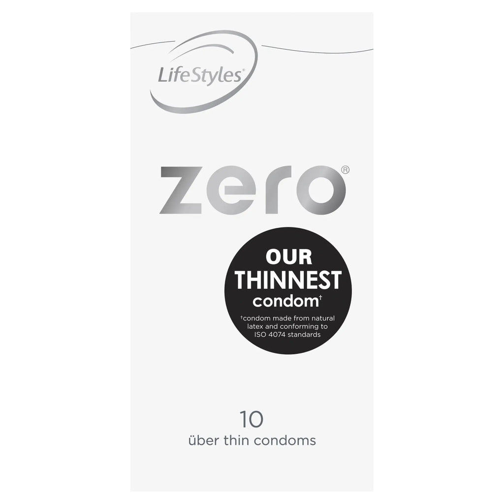 LifeStyles zero 10 ultra-thin condoms in minimalist white black packaging with silver text for enhanced comfort