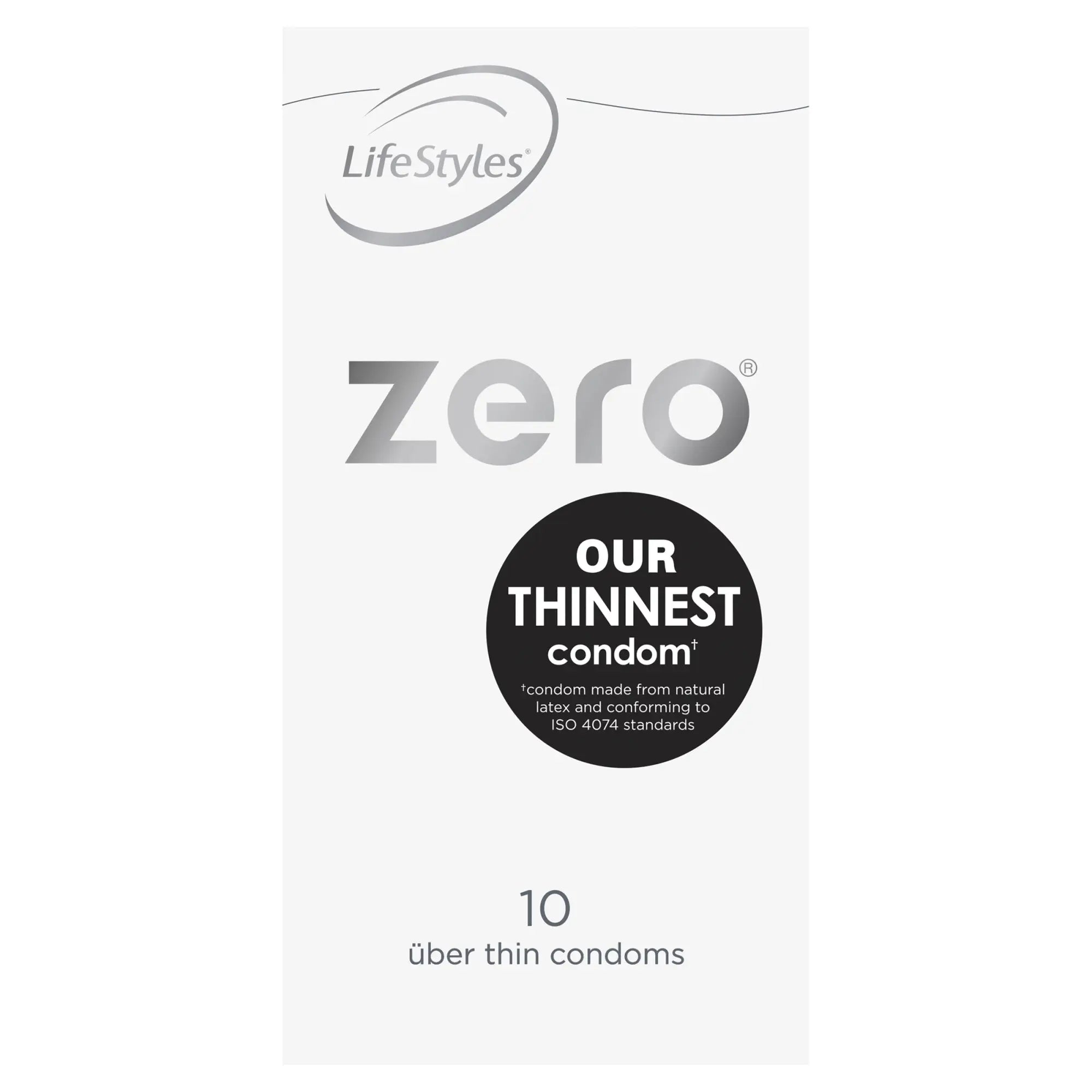 LifeStyles zero 10 ultra-thin condoms in minimalist white black packaging with silver text for enhanced comfort