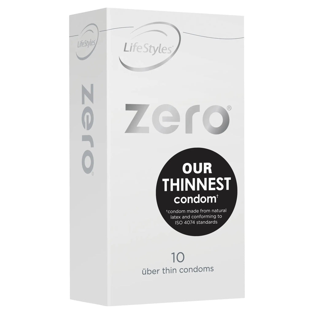 White rectangular box of LifeStyles zero 10 condoms with silver branding and black label highlighting thinnest condom