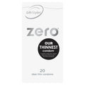 LifeStyles zero 20 ultra-thin condoms in minimalist white and silver packaging with bold black text highlighting thinness