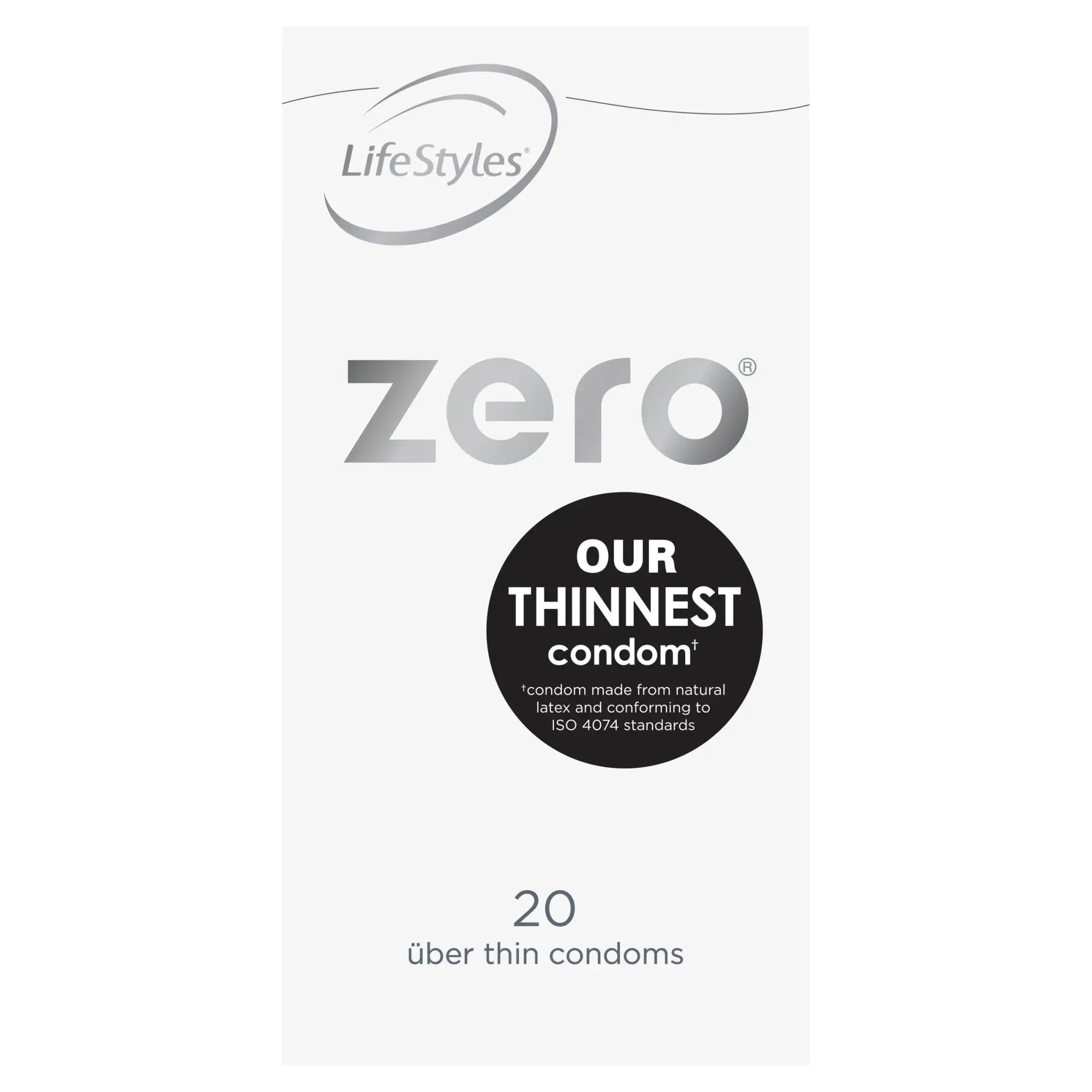 LifeStyles zero 20 ultra-thin condoms in minimalist white and silver packaging with bold black text highlighting thinness