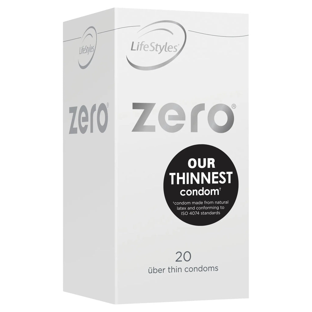 White rectangular box of LifeStyles zero condoms with black label our thinnest condom contains 20 über thin condoms