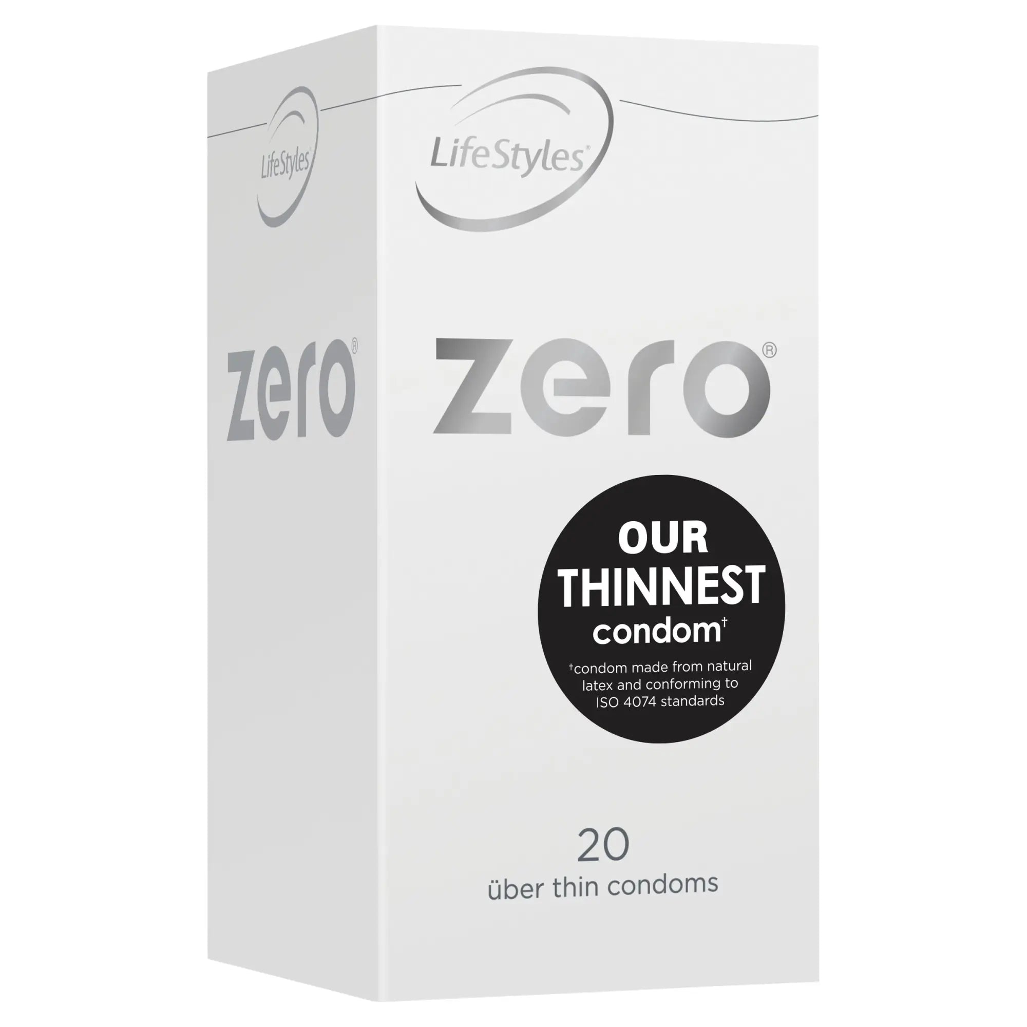 White rectangular box of LifeStyles zero condoms with black label our thinnest condom contains 20 über thin condoms