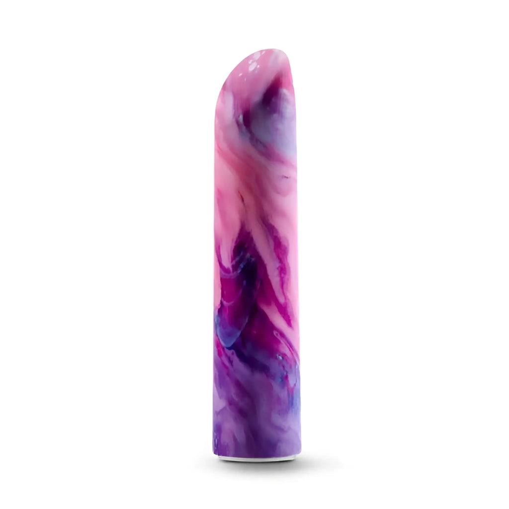 A sleek cylindrical vibrator with a vibrant pink and purple marbled design limited to addiction entangle power vibe lilac