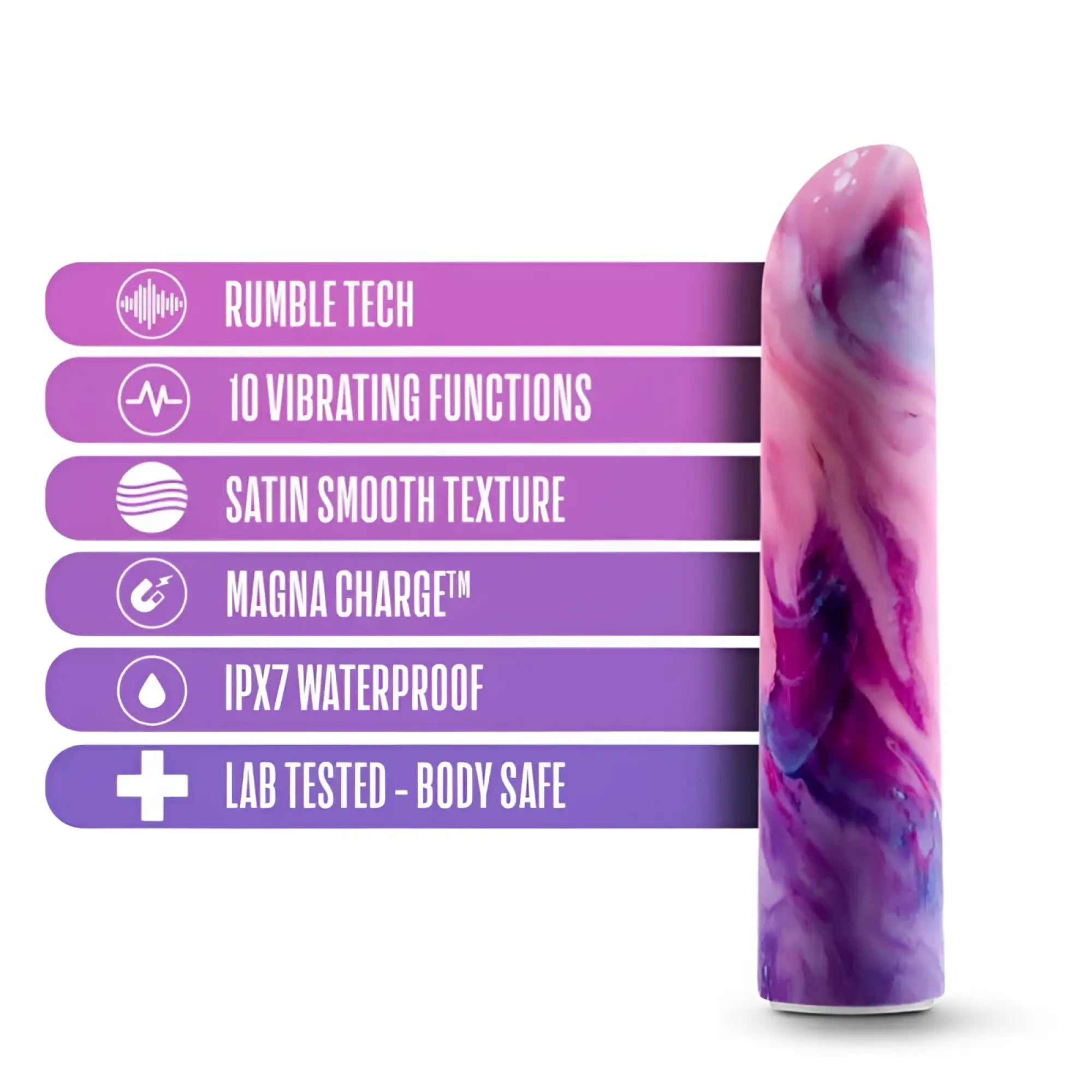 A sleek marbled pink and purple silicone vibrator with satin smooth texture from limited addiction entangle power vibe lilac