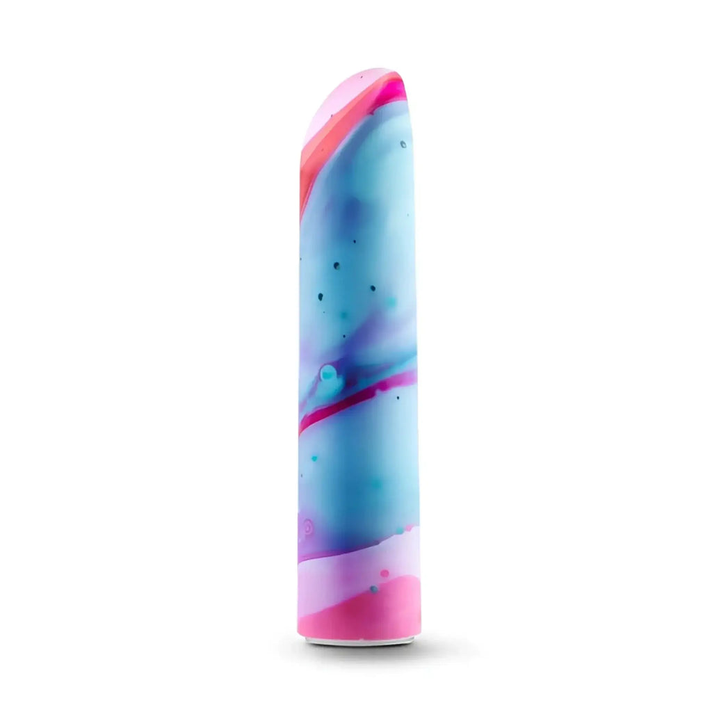 A sleek limited addiction fascinate power vibe peach toy with vibrant blue and pink marbled design and subtle speckles
