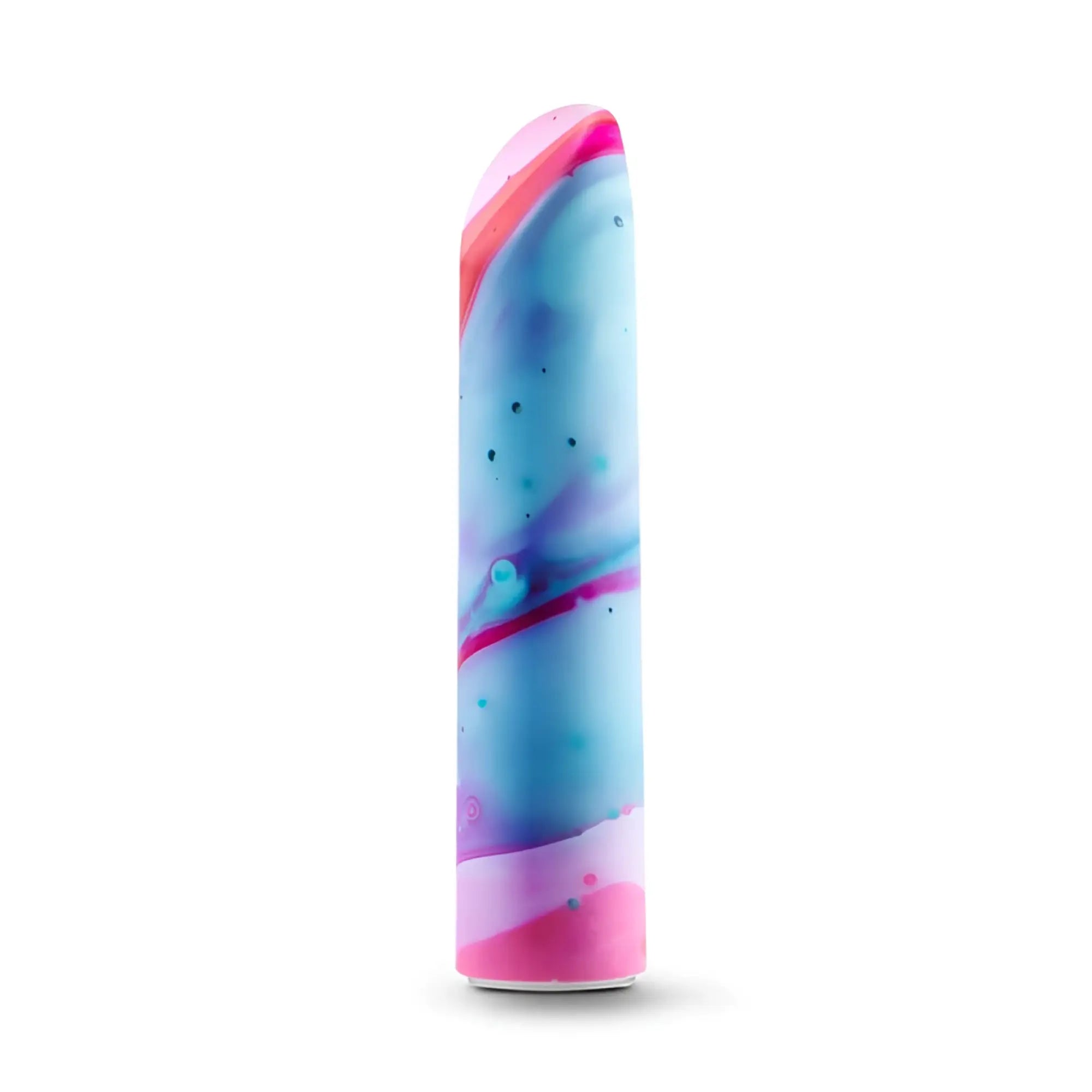 A sleek limited addiction fascinate power vibe peach toy with vibrant blue and pink marbled design and subtle speckles
