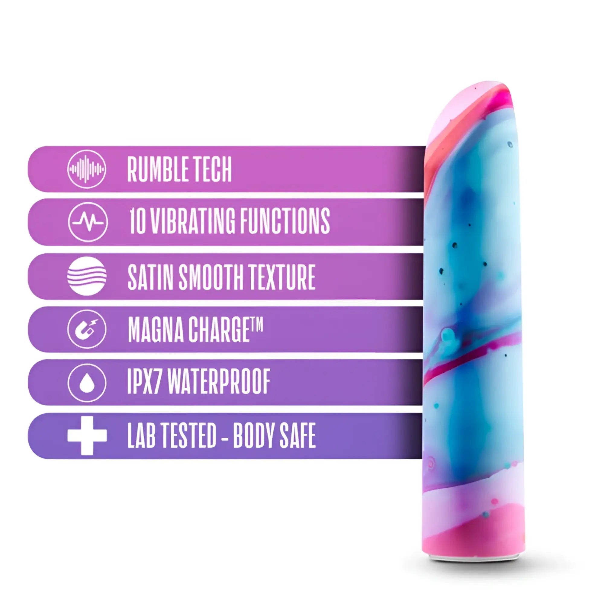 A sleek tapered limited addiction fascinate power vibe peach toy with vibrant blue and pink marbled design and subtle speckles
