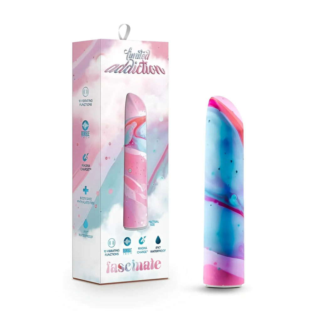 Limited Addiction Fascinate Power Vibe peach vibrant marbled pink and blue silicone vibrator with sleek tapered design