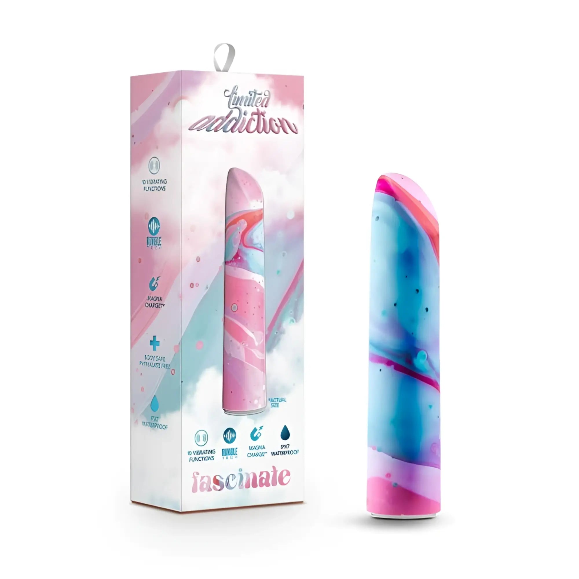 Limited Addiction Fascinate Power Vibe peach vibrant marbled pink and blue silicone vibrator with sleek tapered design