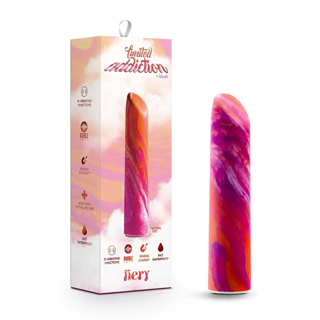 A vibrant marbled pink and orange silicone vibrator with a sleek tapered design limited addiction fiery power vibe coral