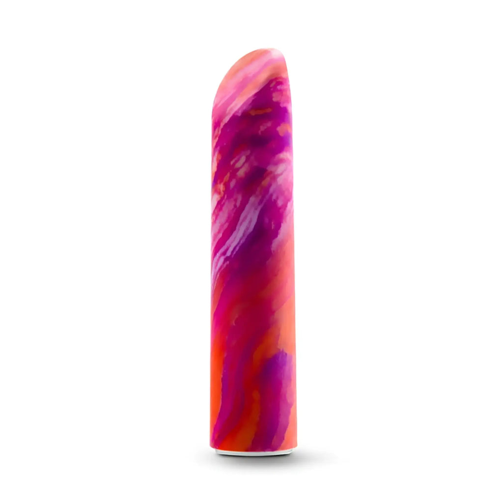 Vibrant pink and purple marbled silicone vibrator with sleek tapered design limited addiction fiery power vibe coral