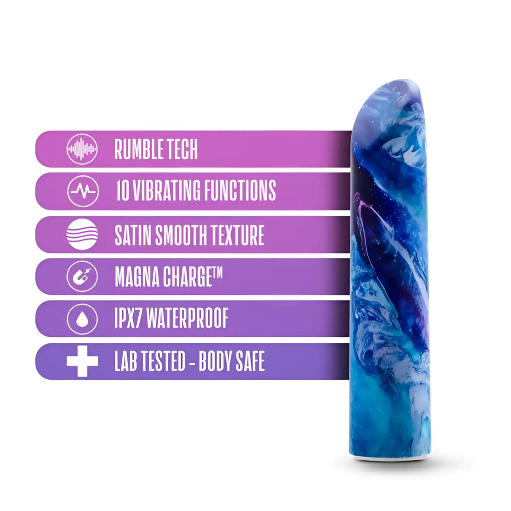 A sleek blue and white marbled silicone vibrator with satin smooth texture from limited addiction Mesmerize Power Vibe Azure