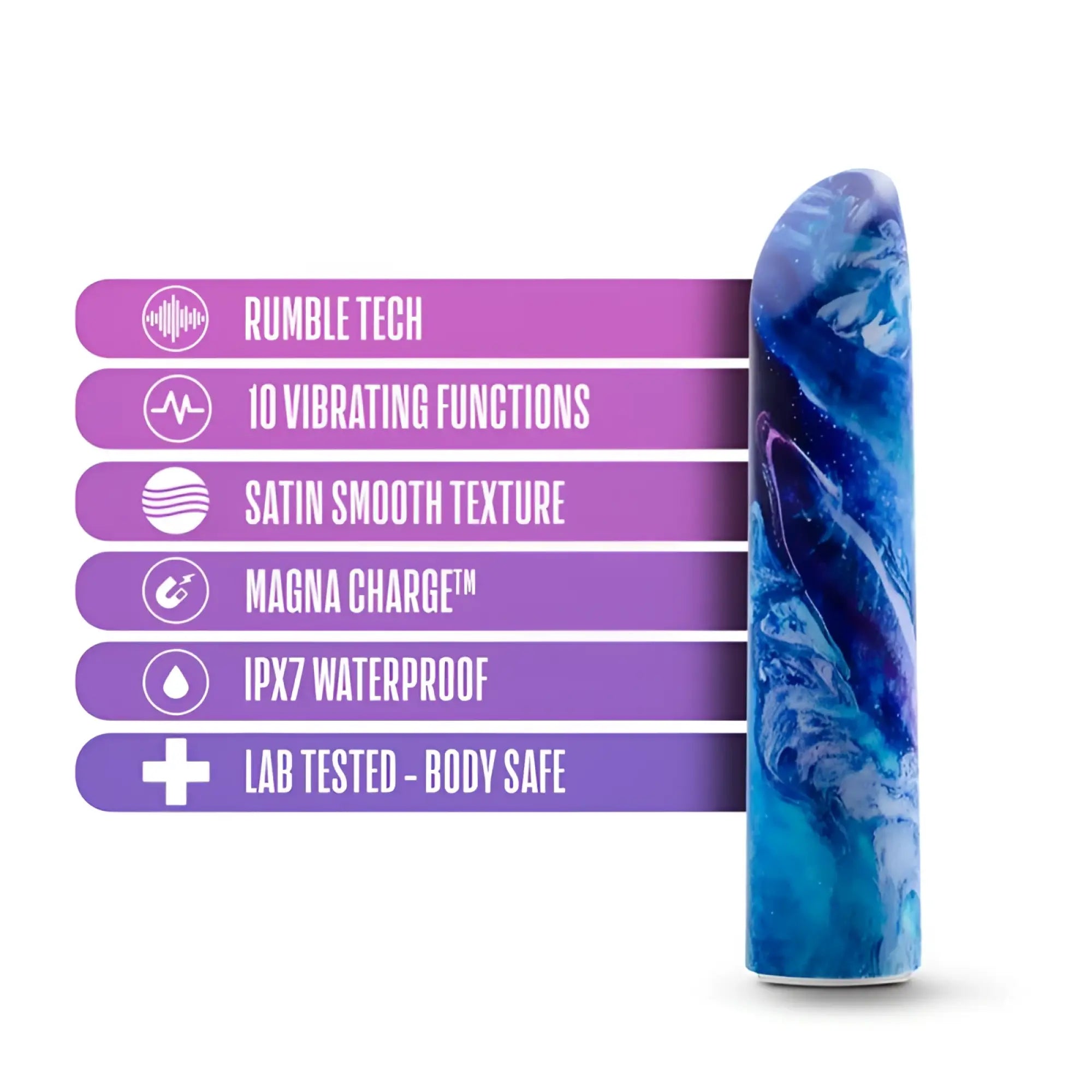 A sleek blue and white marbled silicone vibrator with satin smooth texture from limited addiction Mesmerize Power Vibe Azure