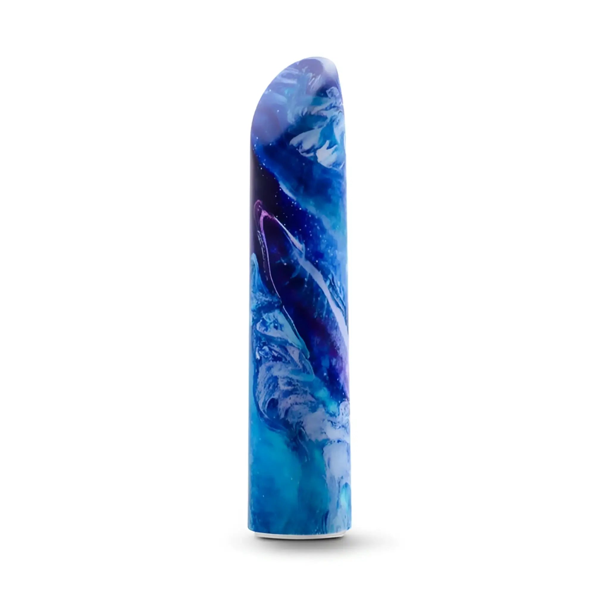 A sleek cylindrical power vibe with a blue and purple marbled design resembling swirling ocean currents