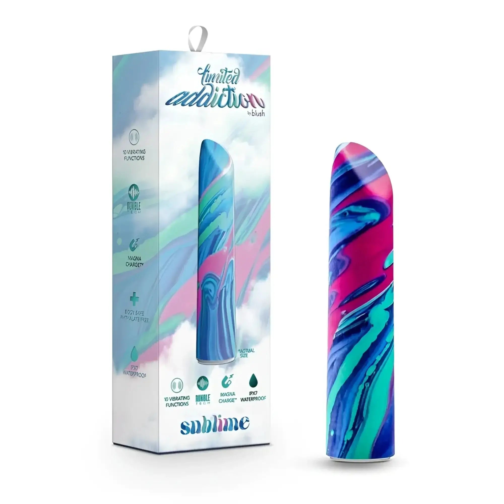 A vibrant marbled pink blue and teal silicone Limited Addiction Sublime Power Vibe Alexandrite with sleek curved design