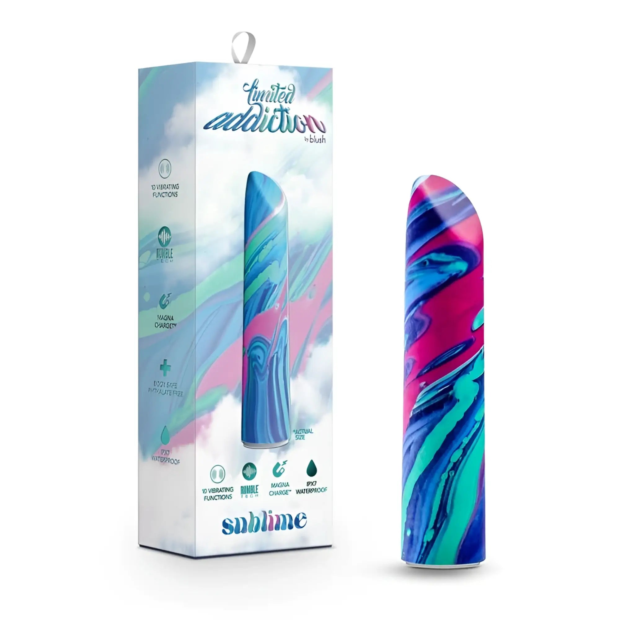 A vibrant marbled pink blue and teal silicone Limited Addiction Sublime Power Vibe Alexandrite with sleek curved design