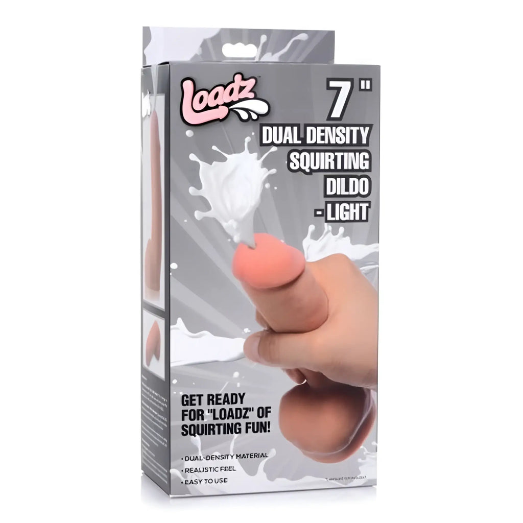 Loadz 7 inch dual density squirting dildo in peach silicone with balls reservoir for realistic sensation and squirt play