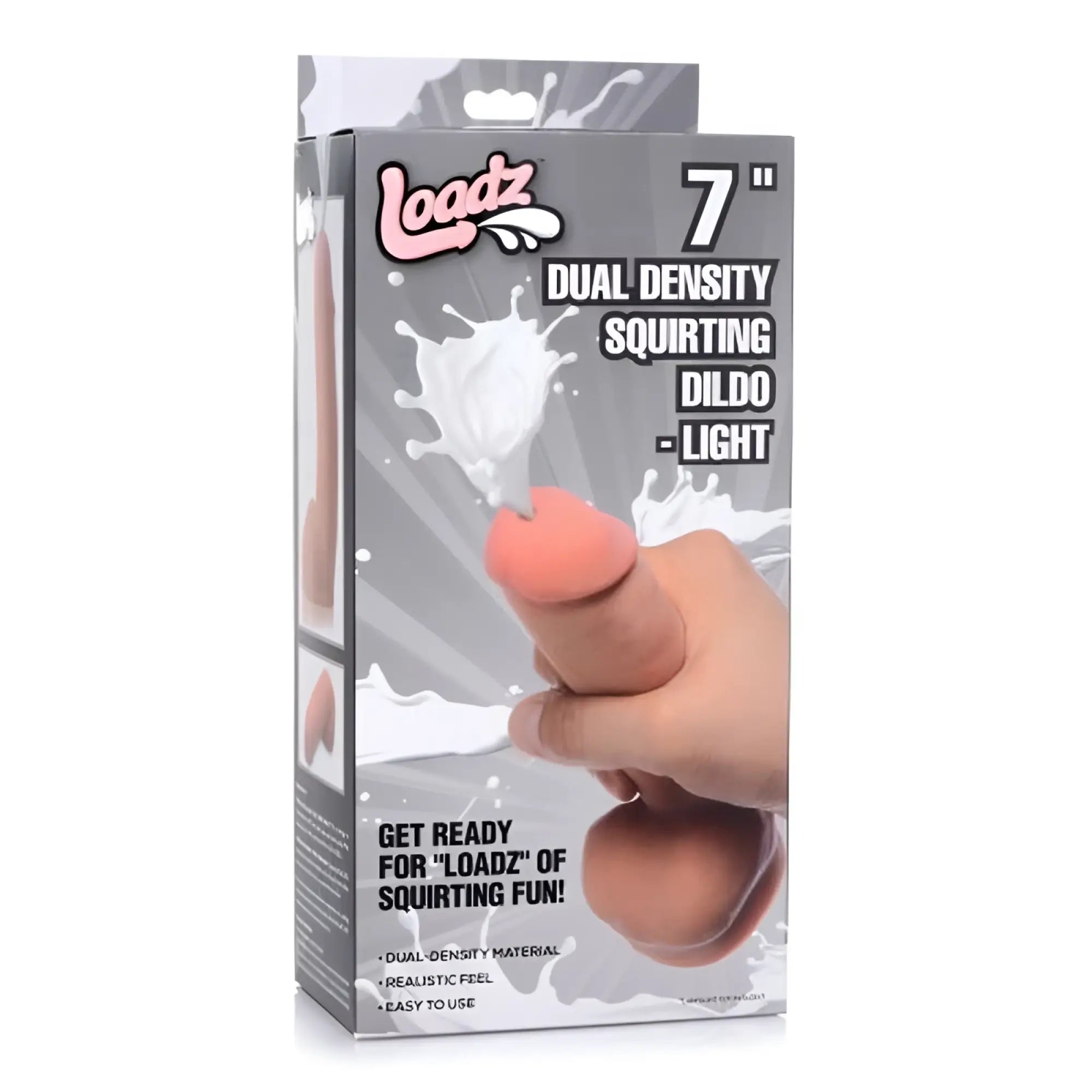 Loadz 7 inch dual density squirting dildo in peach silicone with balls reservoir for realistic sensation and squirt play