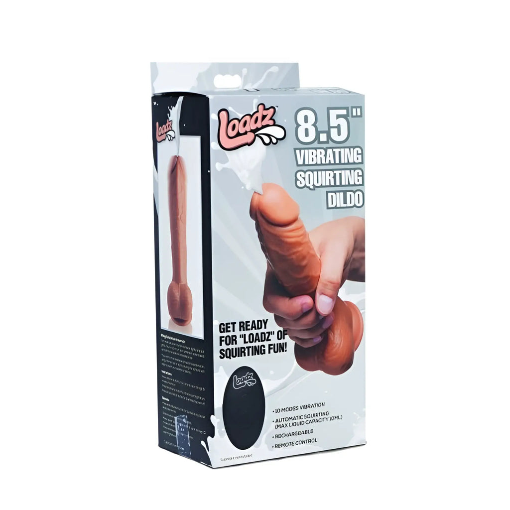 Loadz 8.5 inch dual density vibrating squirting dildo in tan silicone finish packaged for retail display with remote