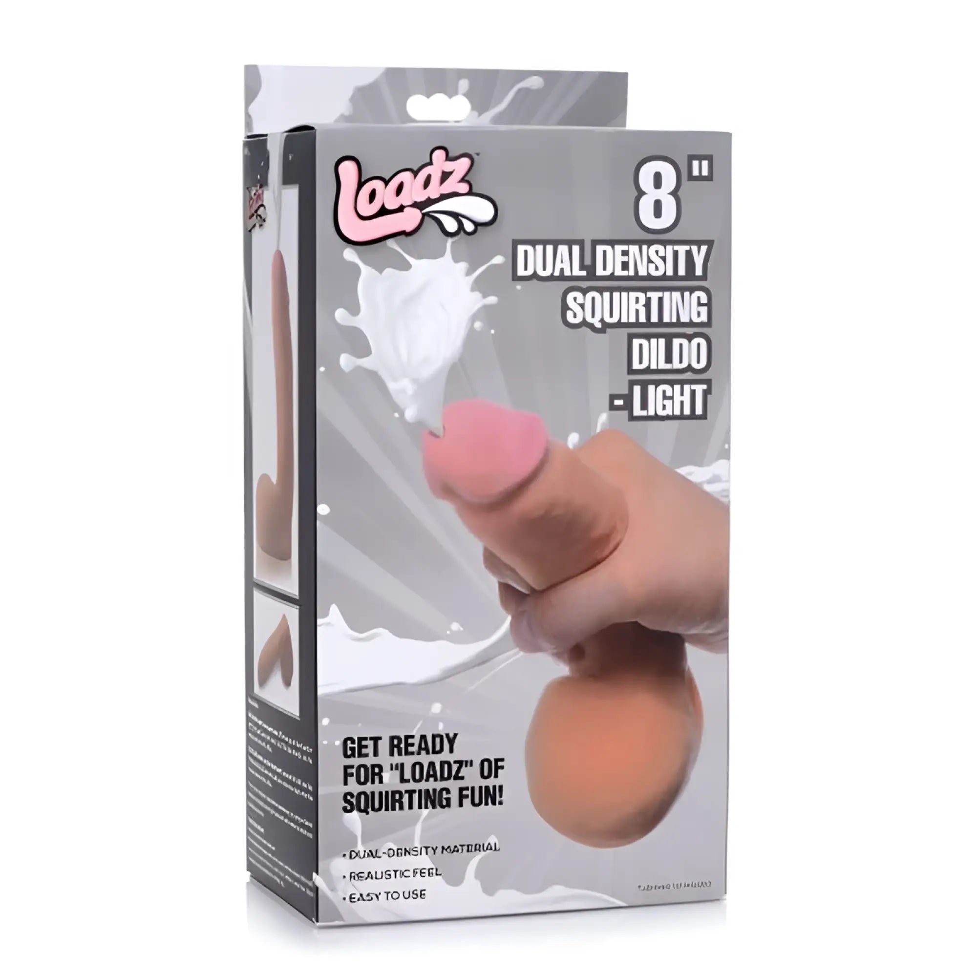 Loadz 8-inch dual density squirting dildo in peach silicone with balls reservoir for varied realistic sensations