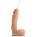 Peach-colored silicone loadz 8in dual density squirting dildo with rounded head curved shaft and squirting feature