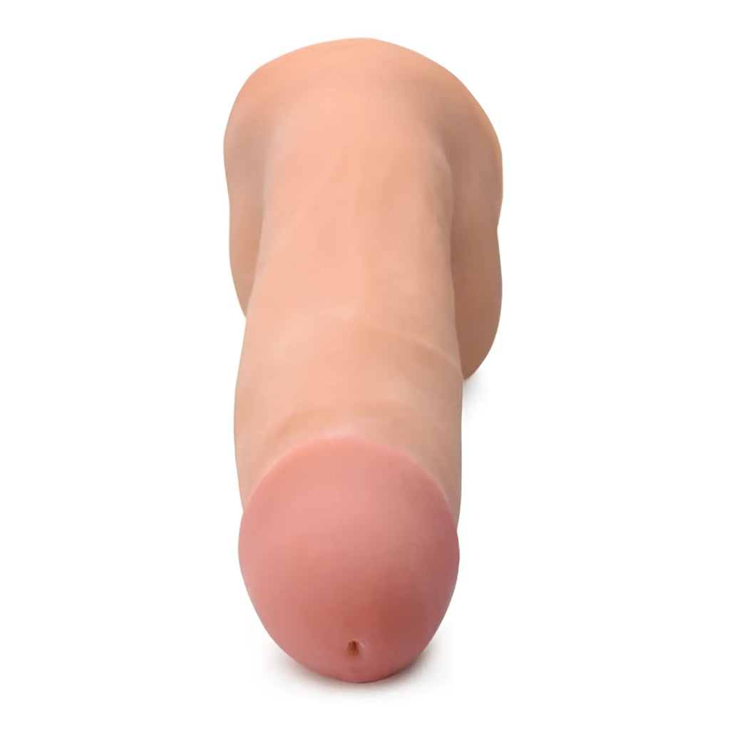 A realistic peach-colored silicone loadz 8in dual density squirting dildo with natural contours and balls reservoir