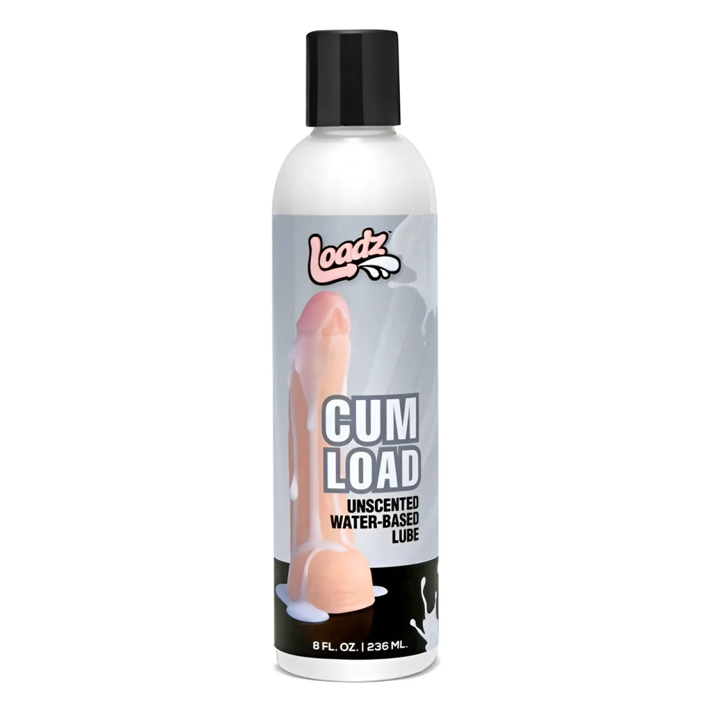 Loadz cum load unscented water based lubricant 8oz in clear bottle with black cap and phallic illustration label