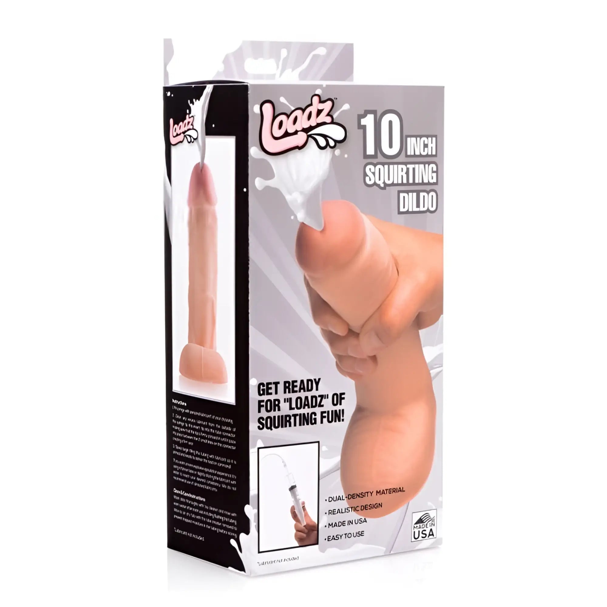 Loadz squirting dildo 10 inch in realistic flesh-toned dual-density silicone with syringe for squirting function