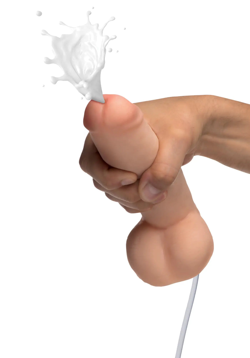 Beige silicone loadz squirting dildo 8in with white liquid spray nozzle and attached cord for easy use