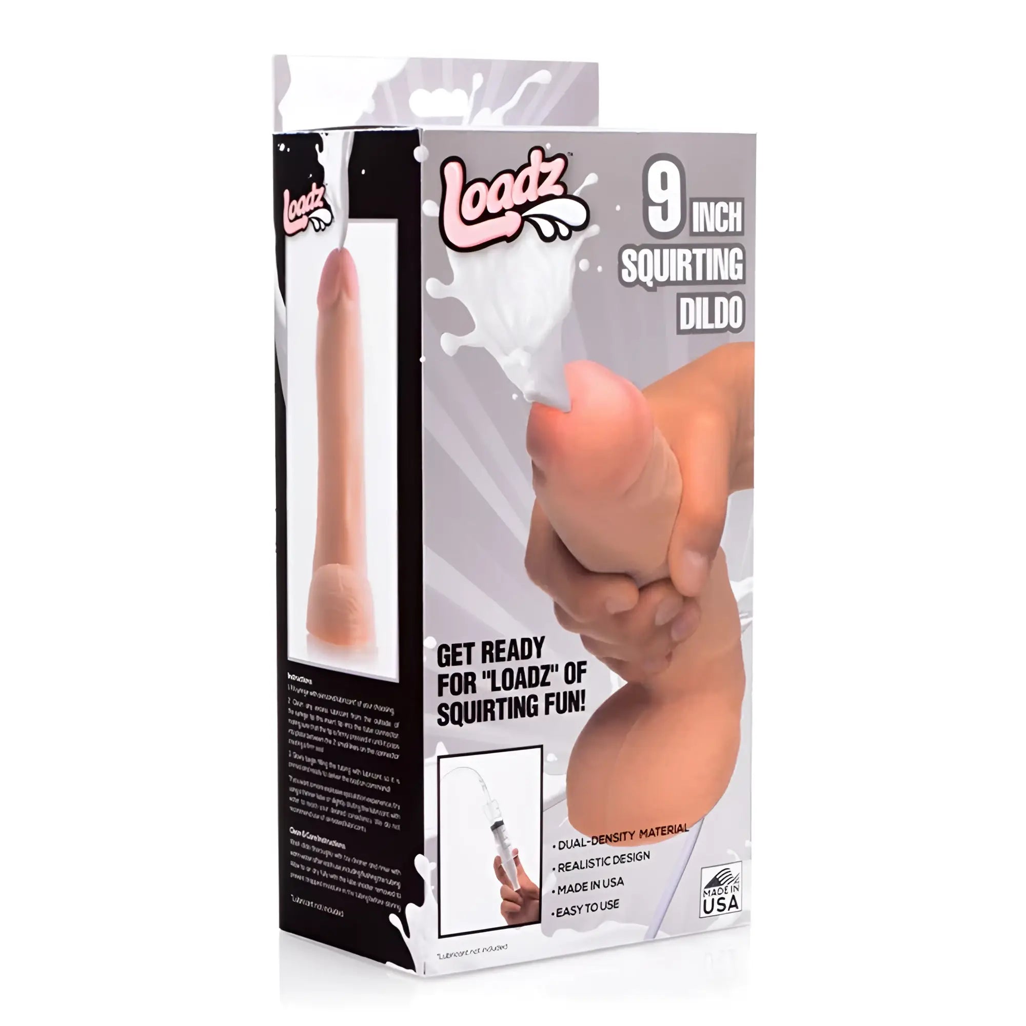 Loadz squirting dildo 9in in package with realistic design and dual-density material and included syringe