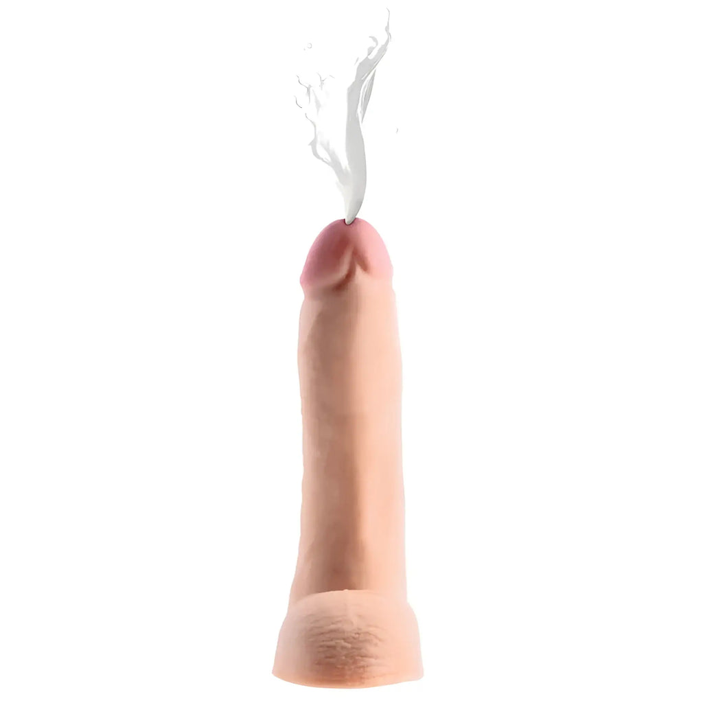 Pink silicone phallic-shaped Loadz squirting dildo 9in with white mist squirting from the tip and included syringe