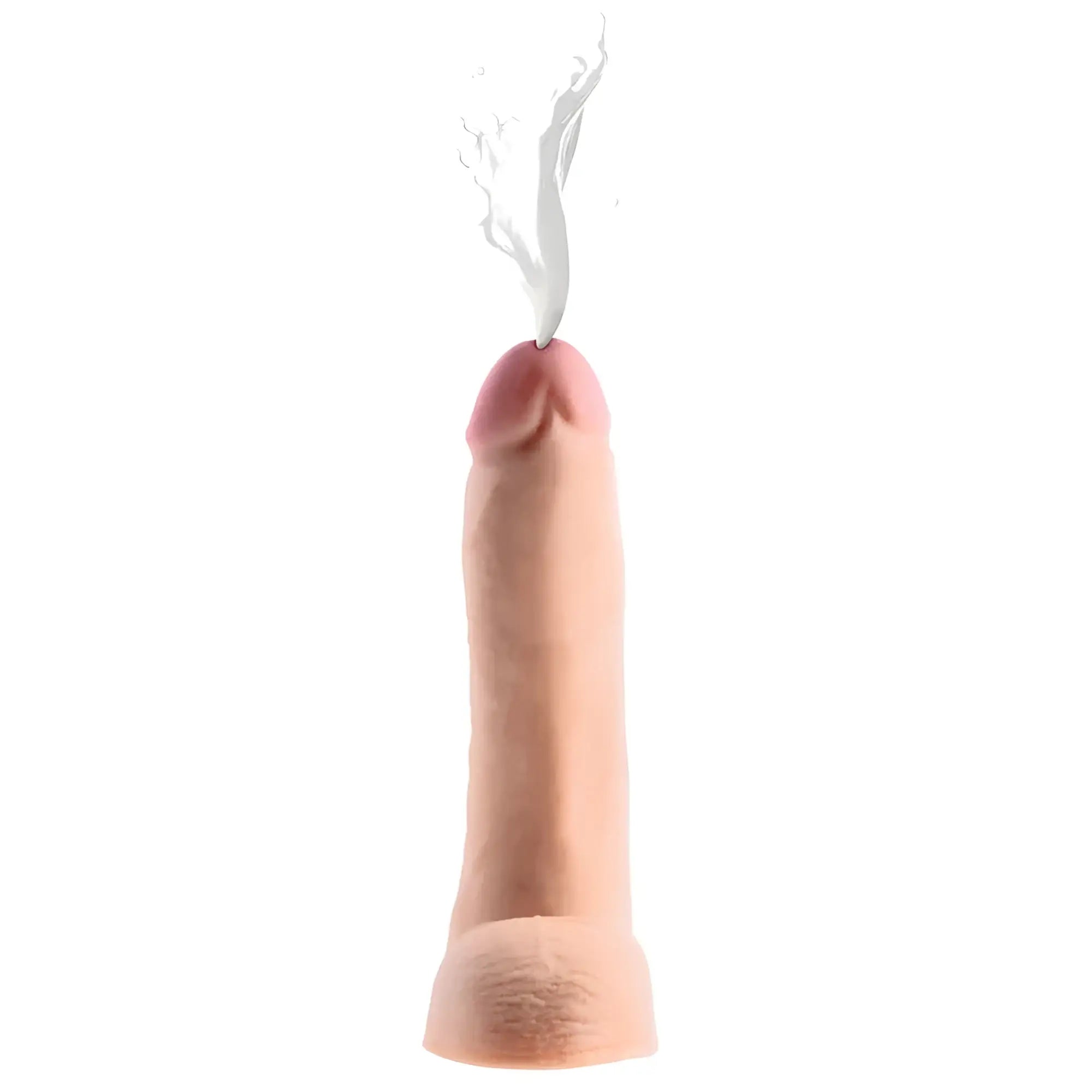 Pink silicone phallic-shaped Loadz squirting dildo 9in with white mist squirting from the tip and included syringe