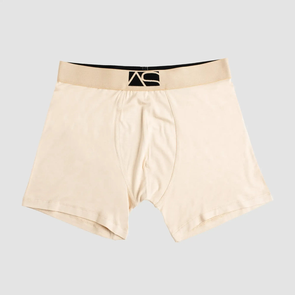 Beige long trunks boxer briefs with black and beige waistband featuring the as logo in front view