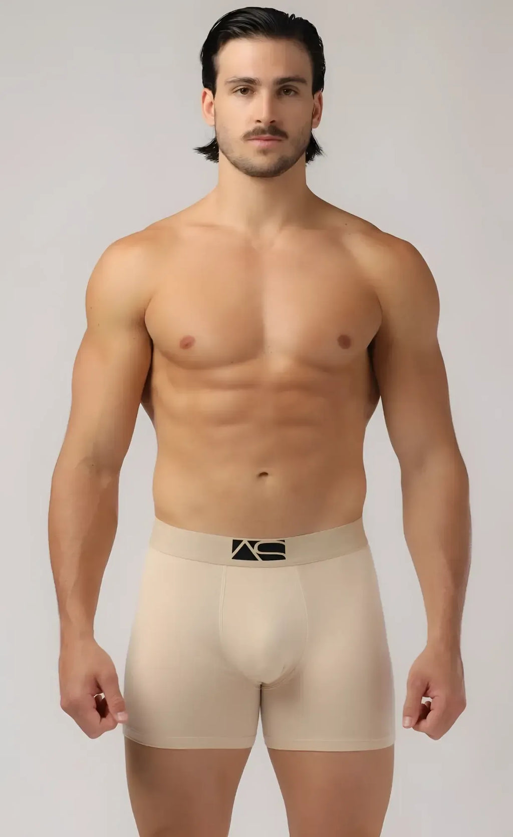 Beige menâs long trunks boxer briefs with black logo waistband soft breathable fabric for everyday wear