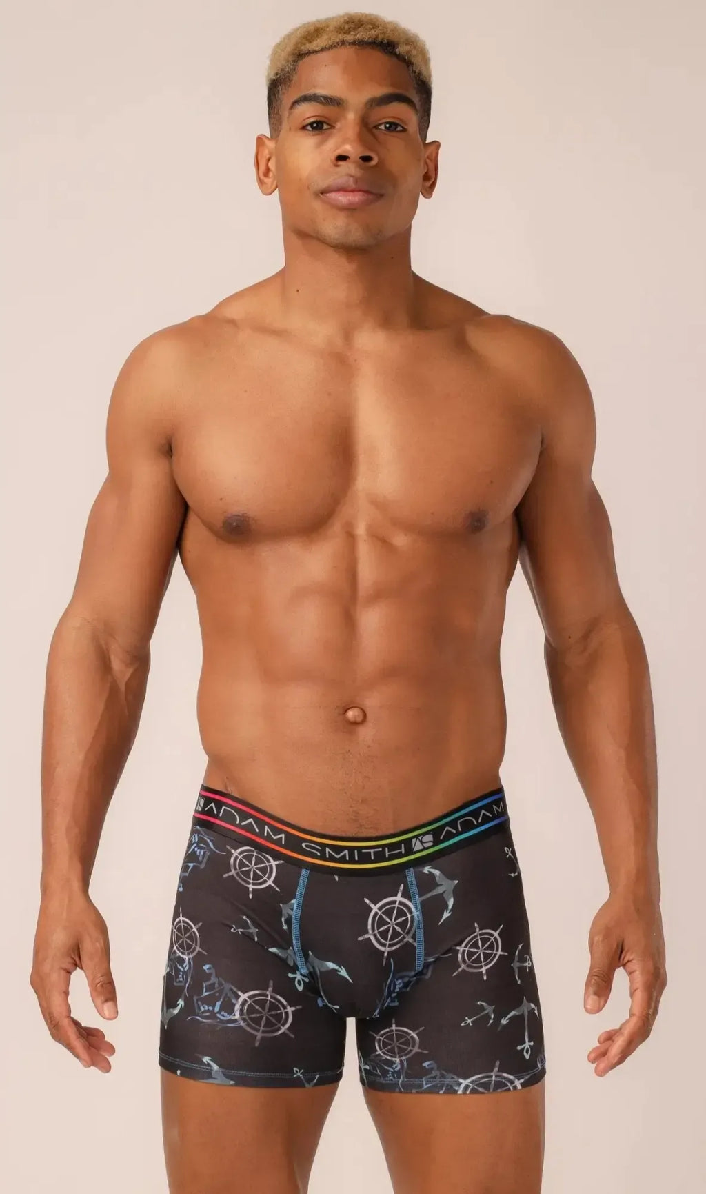 Black menâs long trunks boxer briefs with a blue and white nautical pattern of ship wheels anchors and ropes