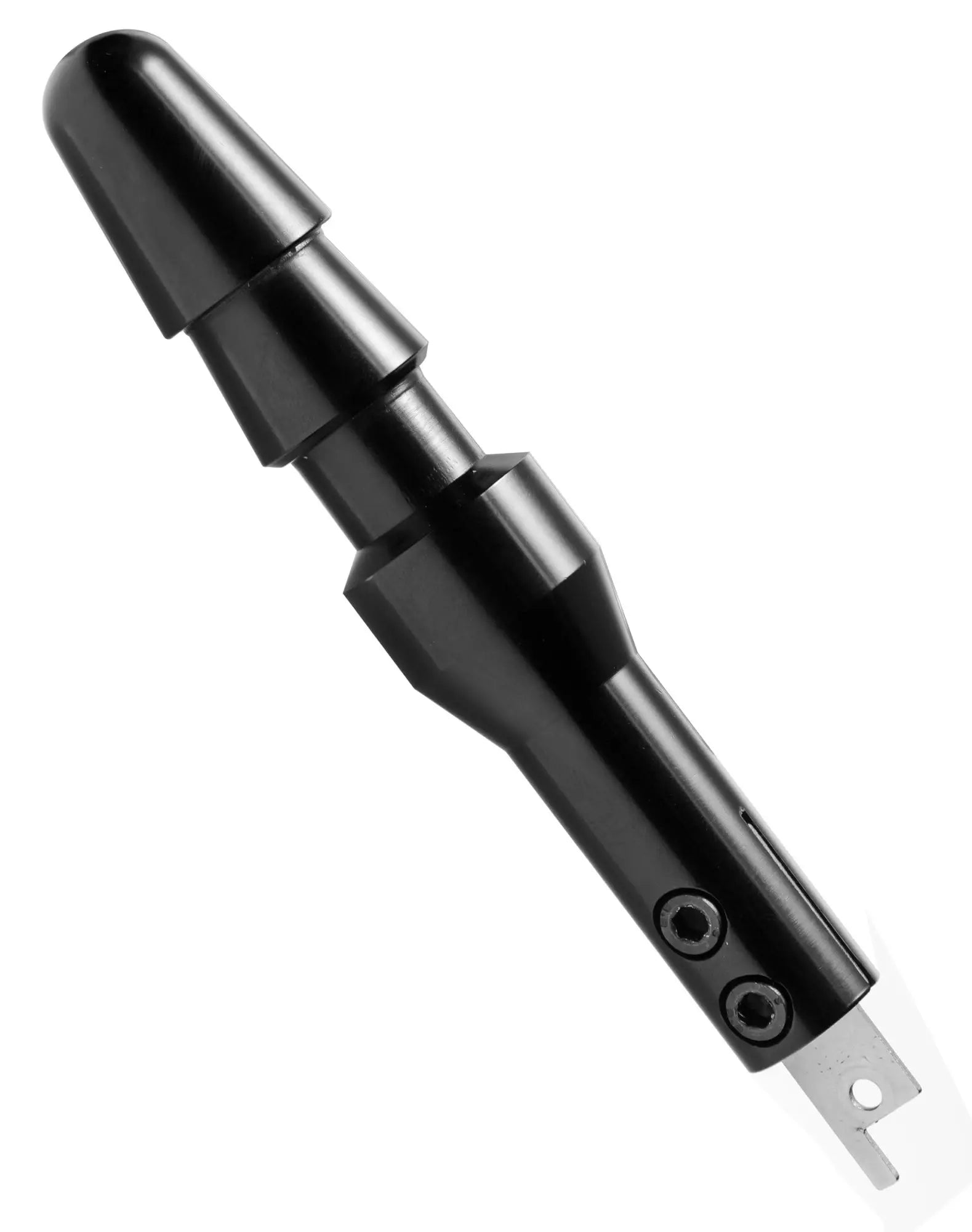 Lovebotz the fucking adapter plus with dildo is a black glossy metal tool with tapered handle and two mounting holes near base