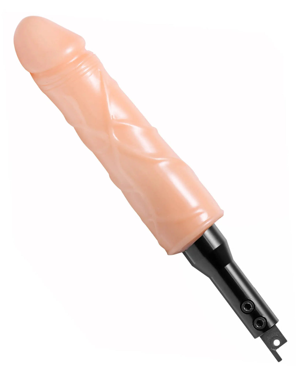 Peach-colored silicone dildo with black metal base and two screws from lovebotz the fucking adapter plus with dildo