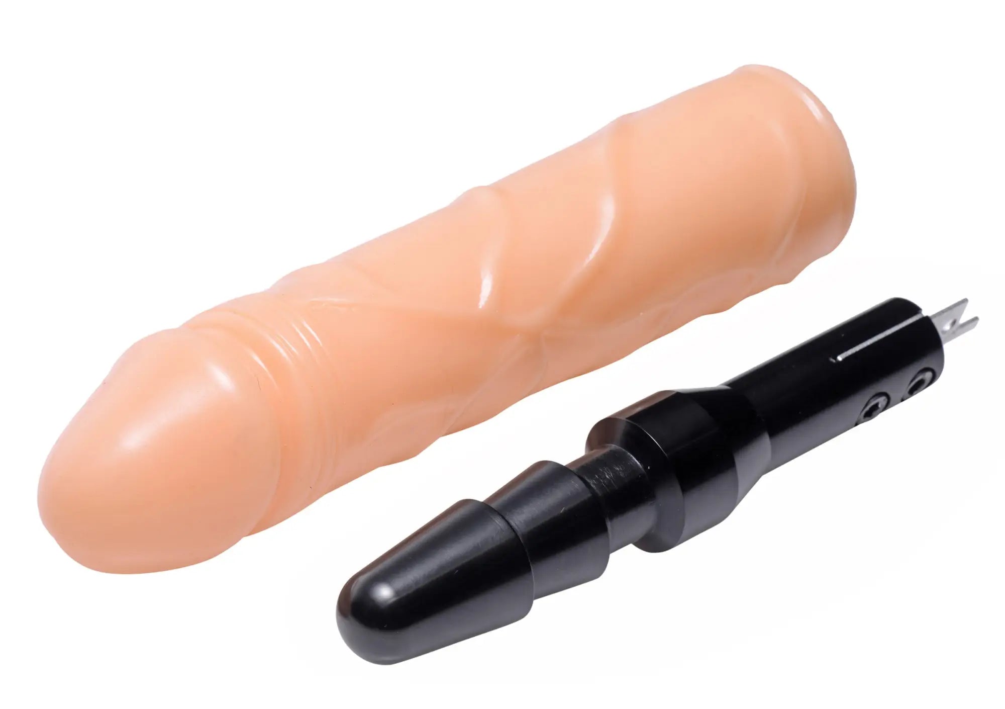 Peach-colored silicone dildo with black metal attachment from lovebotz the fucking adapter plus with dildo product