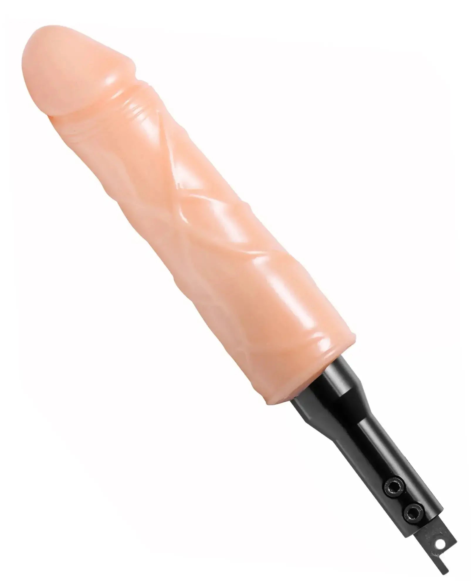 Peach-colored silicone dildo with black metal base and two screws from lovebotz the fucking adapter plus with dildo