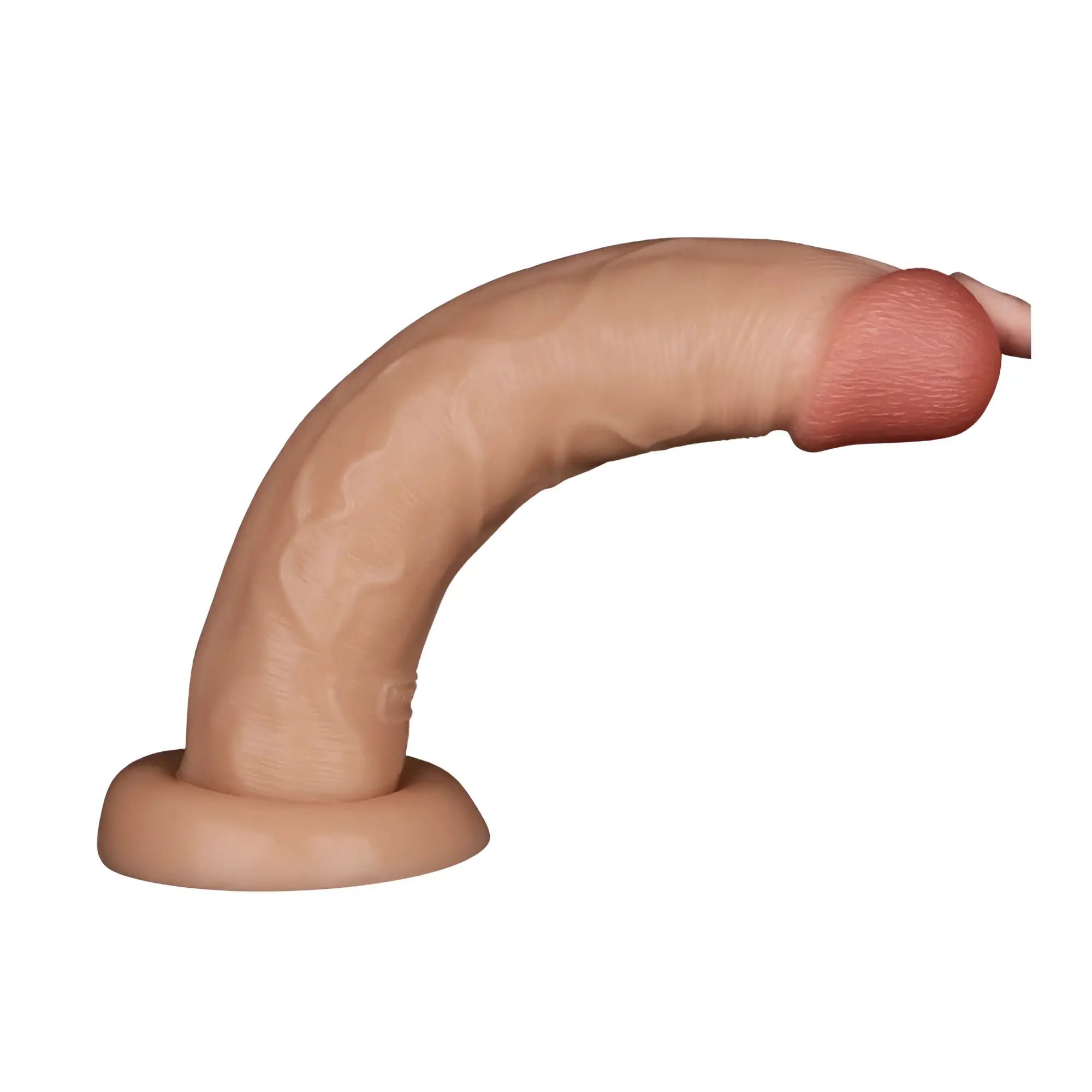 Beige silicone Lovetoy 10in vibrating USB power basics cock with realistic texture and curved design