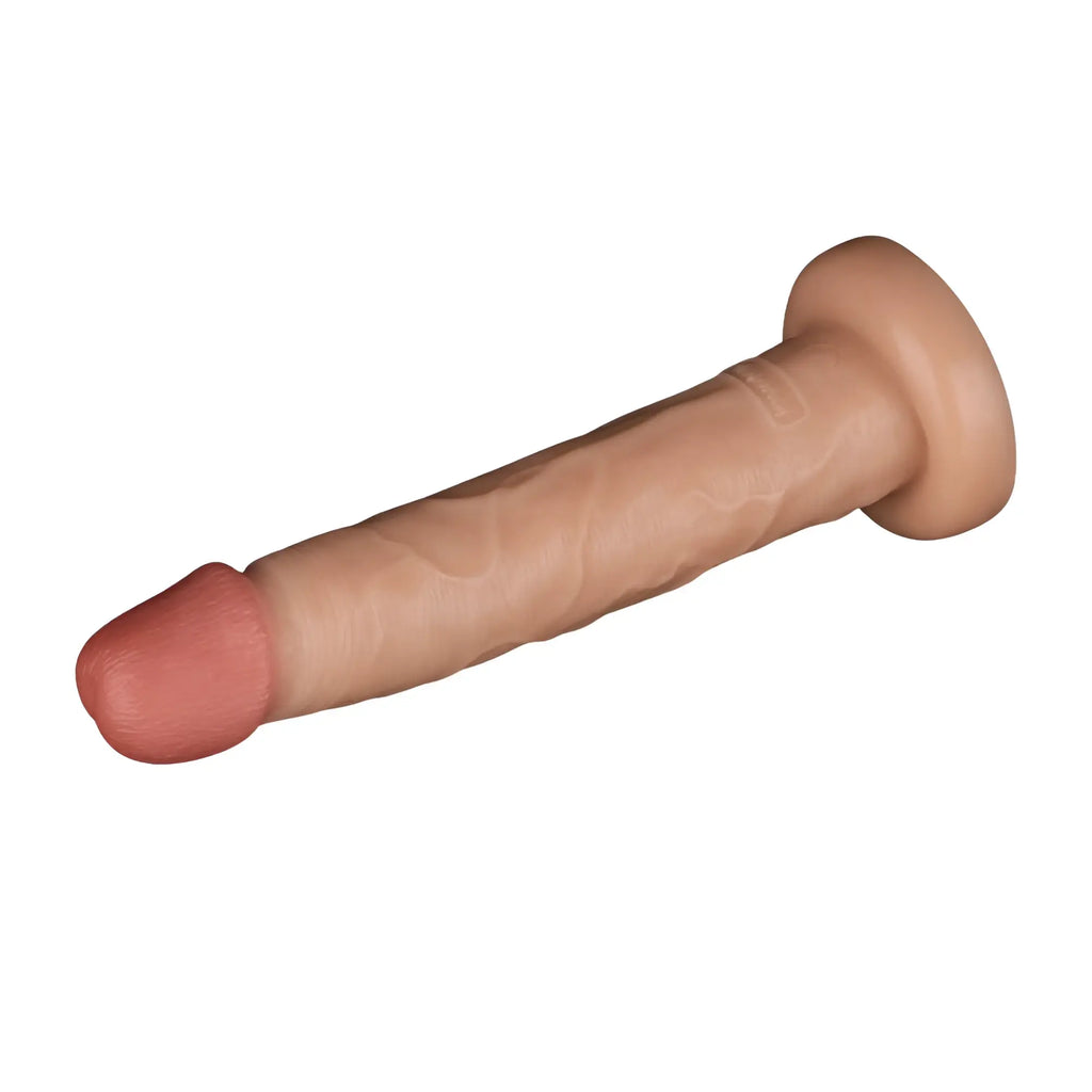 Beige silicone realistic 10in vibrating usb power basics cock with textured surface and rounded head by lovetoy