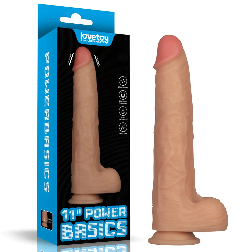 Tan silicone 11-inch vibrating USB power basics dildo by Lovetoy for versatile pleasure and easy charging