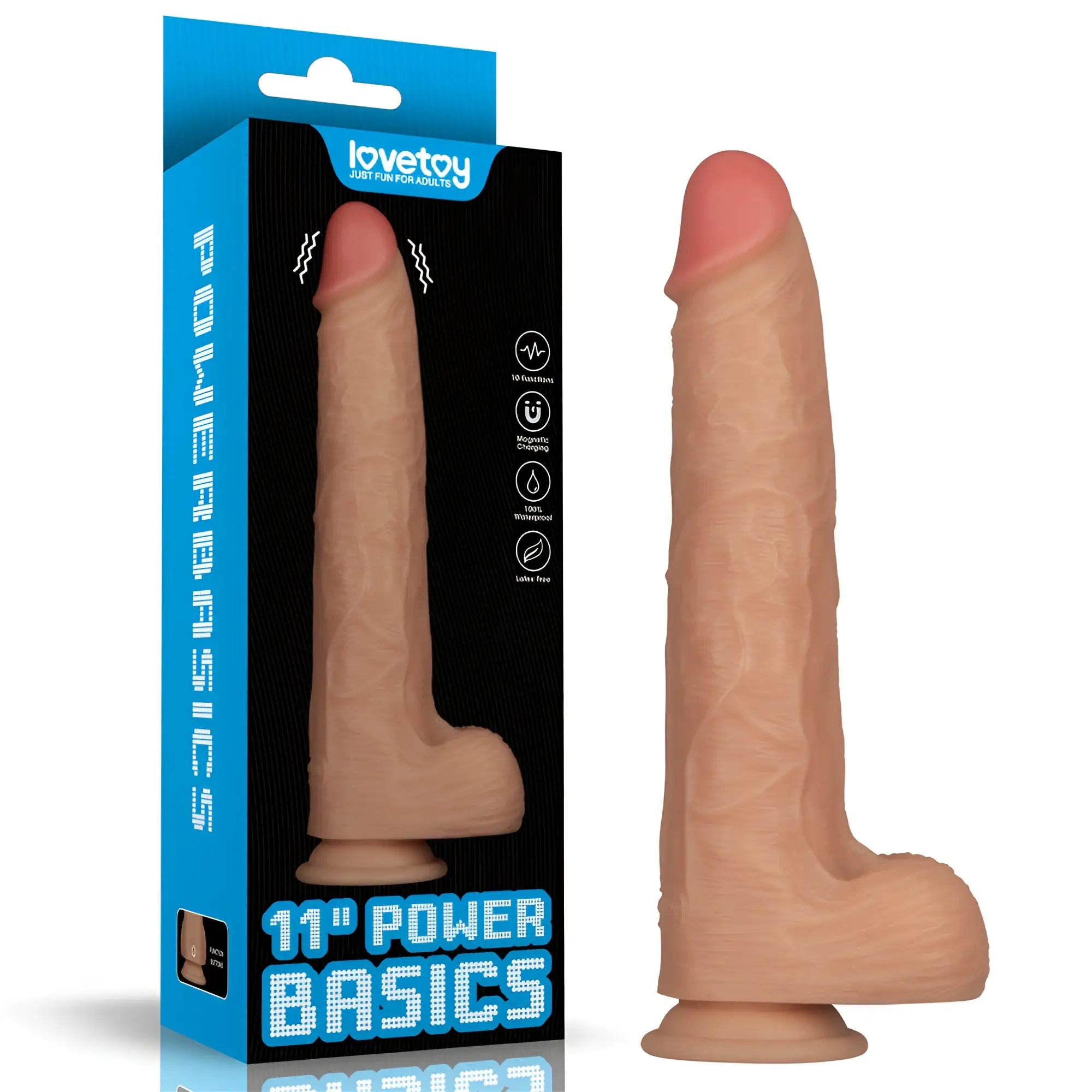 Tan silicone 11-inch vibrating USB power basics dildo by Lovetoy for versatile pleasure and easy charging