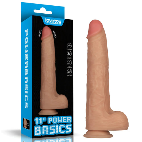 Tan silicone 11-inch vibrating USB power basics dildo by Lovetoy for versatile pleasure and easy charging