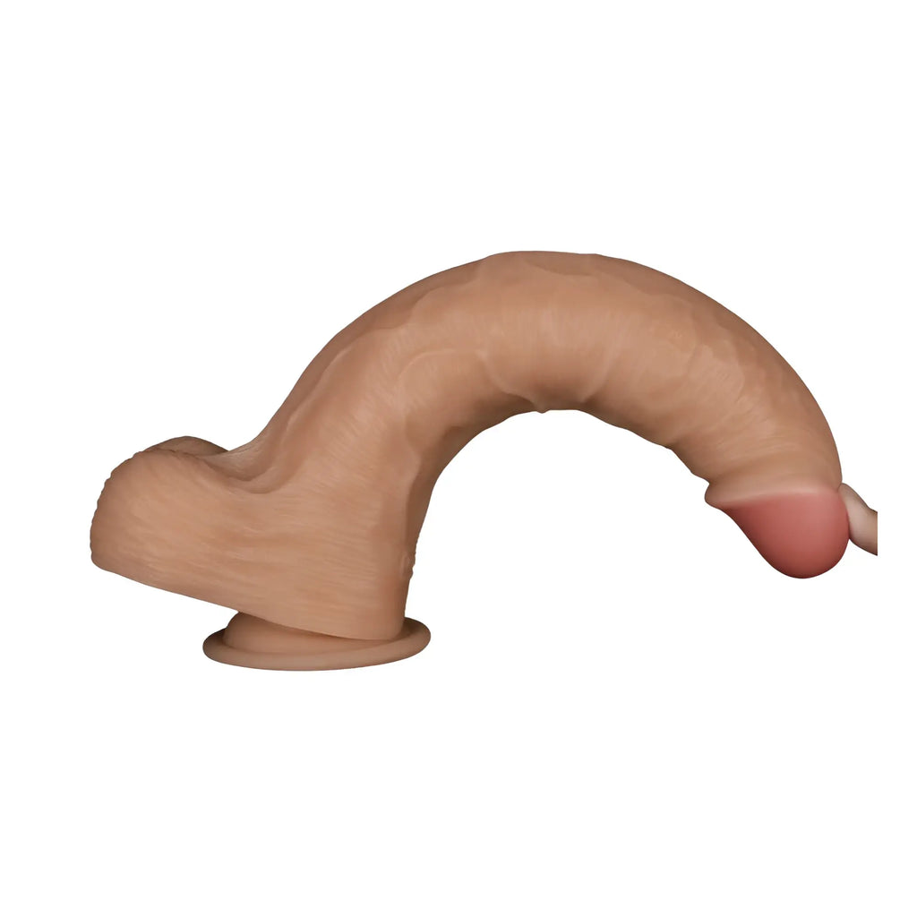Tan silicone Lovetoy 11in vibrating USB power basics cock with rounded head, curved shaft, and realistic skin texture