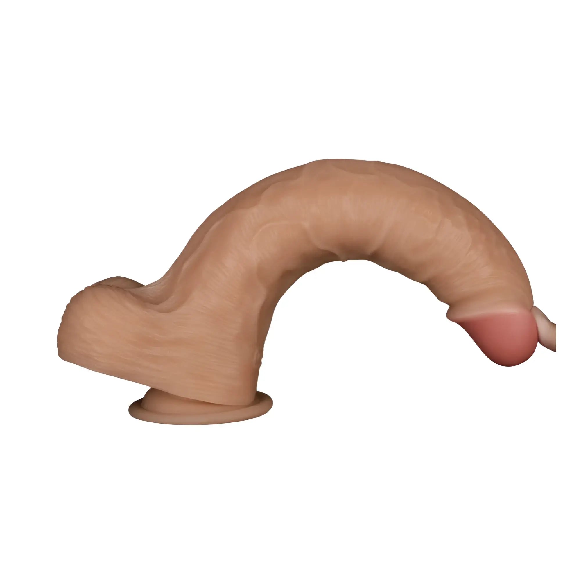 Tan silicone Lovetoy 11in vibrating USB power basics cock with rounded head, curved shaft, and realistic skin texture
