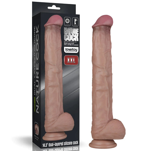 Peach-colored dual-layered bendable silicone cock toy by lovetoy model nature cock xxl for adult use